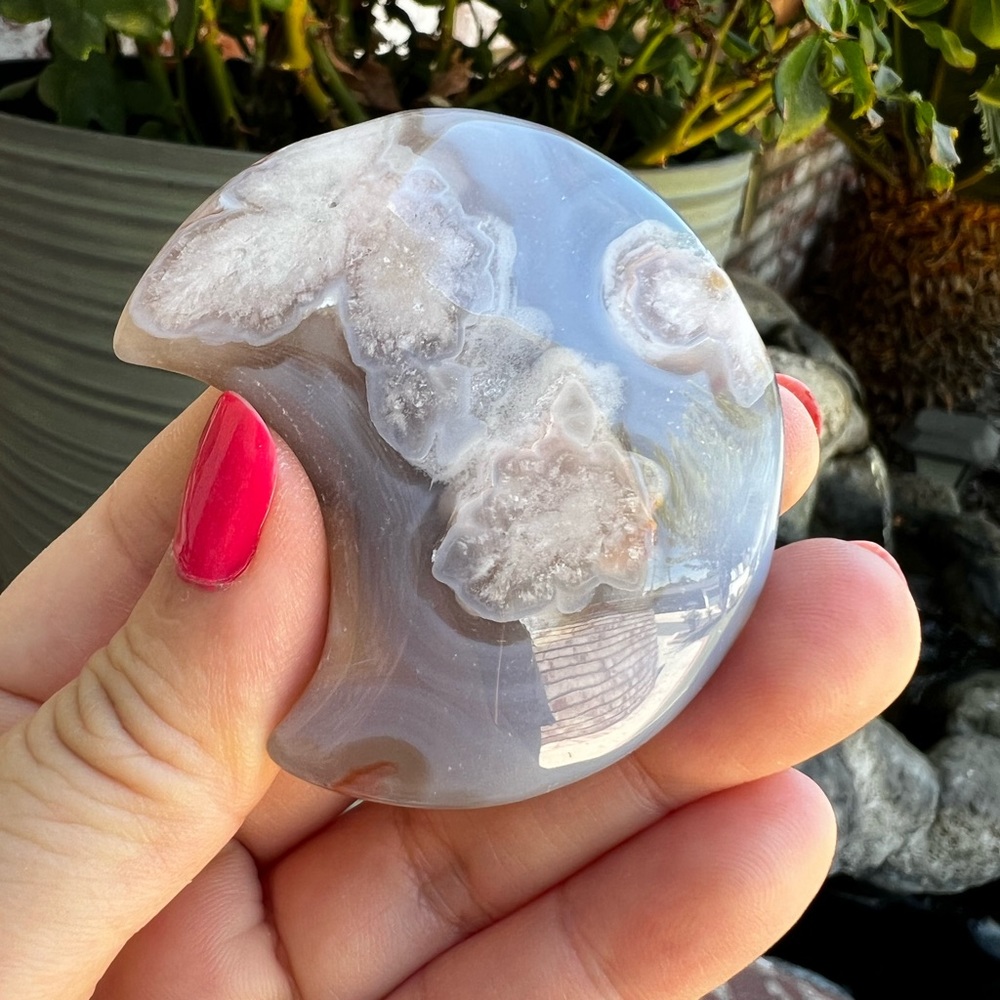 Vibrant Blue Flower Agate Moon Carving